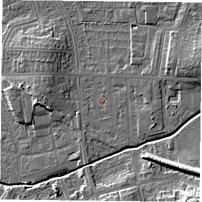Shaded relief map of the ground around LE54BJ, computed from Environment Agency LiDAR. The ground here sits at about 64 m above sea level and falls 18 m across the surrounding 800 m. Surface water reaching this point runs off ground lying to the east-south-east, 2.5 m higher.