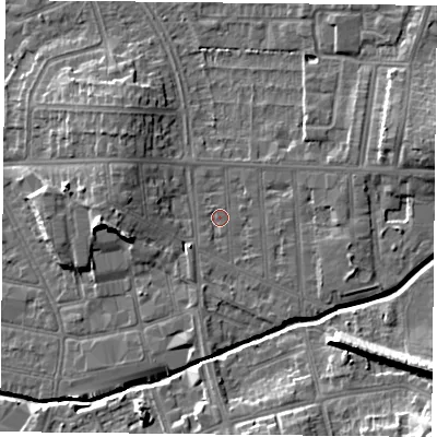 Shaded relief map of the ground around LE54BL, computed from Environment Agency LiDAR. The ground here sits at about 64 m above sea level and falls 17 m across the surrounding 800 m. Surface water reaching this point runs off ground lying to the east-south-east, 2.5 m higher.