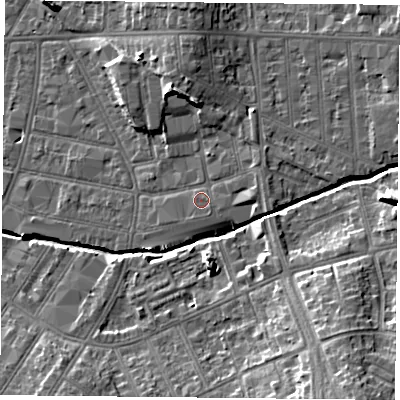 Shaded relief map of the ground around LE54BN, computed from Environment Agency LiDAR. The ground here sits at about 63 m above sea level and falls 16 m across the surrounding 800 m. Surface water reaching this point runs off ground lying to the east, 0.8 m higher.