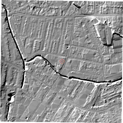 Shaded relief map of the ground around LE54BW, computed from Environment Agency LiDAR. The ground here sits at about 61 m above sea level and falls 13 m across the surrounding 800 m. Surface water reaching this point runs off ground lying to the south-south-east, 0.6 m higher.