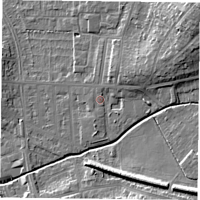 Shaded relief map of the ground around LE54DA, computed from Environment Agency LiDAR. The ground here sits at about 66 m above sea level and falls 20 m across the surrounding 800 m. Surface water reaching this point runs off ground lying to the north-east, 1.8 m higher.