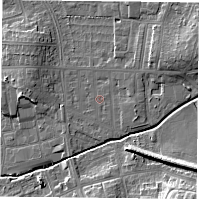 Shaded relief map of the ground around LE54DB, computed from Environment Agency LiDAR. The ground here sits at about 65 m above sea level and falls 19 m across the surrounding 800 m. Surface water reaching this point runs off ground lying to the east-north-east, 0.7 m higher.