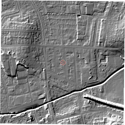 Shaded relief map of the ground around LE54DD, computed from Environment Agency LiDAR. The ground here sits at about 64 m above sea level and falls 18 m across the surrounding 800 m. Surface water reaching this point runs off ground lying to the east, 0.7 m higher.