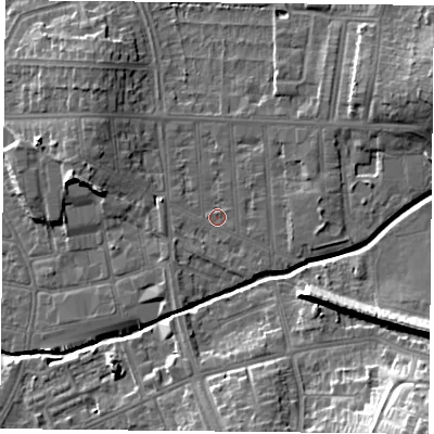 Shaded relief map of the ground around LE54DE, computed from Environment Agency LiDAR. The ground here sits at about 65 m above sea level and falls 24 m across the surrounding 800 m. Surface water reaching this point runs off ground lying to the east, 2.2 m higher.