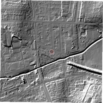 Shaded relief map of the ground around LE54DF, computed from Environment Agency LiDAR. The ground here sits at about 65 m above sea level and falls 26 m across the surrounding 800 m. Surface water reaching this point runs off ground lying to the east-north-east, 2.1 m higher.