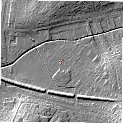 Shaded relief map of the ground around LE54DN, computed from Environment Agency LiDAR. The ground here sits at about 68 m above sea level and falls 22 m across the surrounding 800 m. Surface water reaching this point runs off ground lying to the east-south-east, 3.1 m higher.