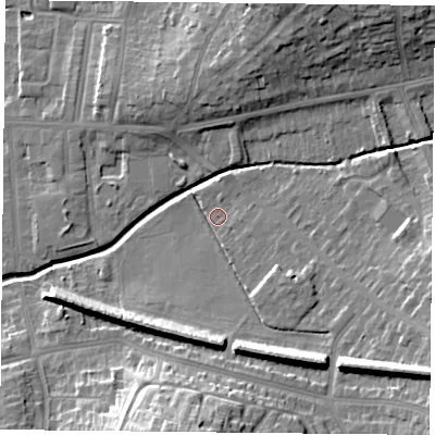 Shaded relief map of the ground around LE54DR, computed from Environment Agency LiDAR. The ground here sits at about 67 m above sea level and falls 20 m across the surrounding 800 m. Surface water reaching this point runs off ground lying to the south, 14.4 m higher.