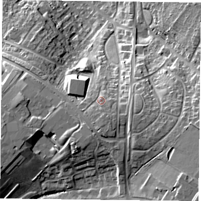 Shaded relief map of the ground around LE54EN, computed from Environment Agency LiDAR. The ground here sits at about 100 m above sea level and falls 30 m across the surrounding 800 m. Surface water reaching this point runs off ground lying to the south, 4.2 m higher.