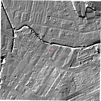 Shaded relief map of the ground around LE54GB, computed from Environment Agency LiDAR. The ground here sits at about 61 m above sea level and falls 13 m across the surrounding 800 m. Surface water reaching this point runs off ground lying to the south-south-east, 6.5 m higher.
