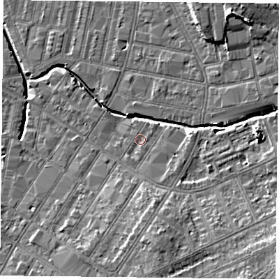 Shaded relief map of the ground around LE54GE, computed from Environment Agency LiDAR. The ground here sits at about 61 m above sea level and falls 12 m across the surrounding 800 m. Surface water reaching this point runs off ground lying to the south, 6.1 m higher.