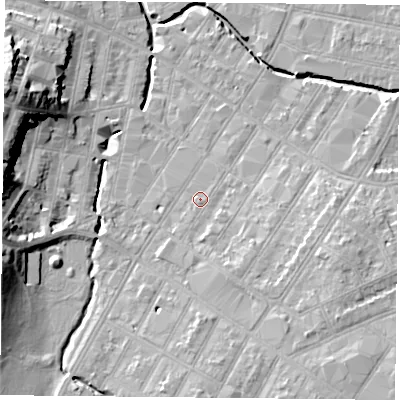 Shaded relief map of the ground around LE54GJ, computed from Environment Agency LiDAR. The ground here sits at about 62 m above sea level and falls 22 m across the surrounding 800 m. Surface water reaching this point runs off ground lying to the south-south-west, 0.9 m higher.