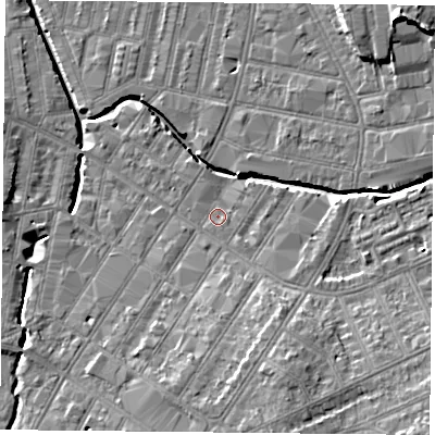 Shaded relief map of the ground around LE54GN, computed from Environment Agency LiDAR. The ground here sits at about 61 m above sea level and falls 12 m across the surrounding 800 m. Surface water reaching this point runs off ground lying to the south-south-east, 6.5 m higher.