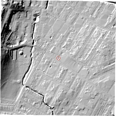 Shaded relief map of the ground around LE54HF, computed from Environment Agency LiDAR. The ground here sits at about 63 m above sea level and falls 22 m across the surrounding 800 m. Surface water reaching this point runs off ground lying to the east-south-east, 5.1 m higher.