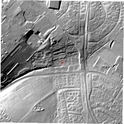 Shaded relief map of the ground around LE54JY, computed from Environment Agency LiDAR. The ground here sits at about 94 m above sea level and falls 23 m across the surrounding 800 m. Surface water reaching this point runs off ground lying to the south-east, 13.5 m higher.