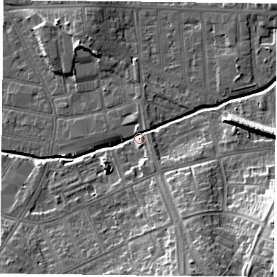 Shaded relief map of the ground around LE54LE, computed from Environment Agency LiDAR. The ground here sits at about 63 m above sea level and falls 22 m across the surrounding 800 m. Surface water reaching this point runs off ground lying to the south-east, 18.8 m higher.