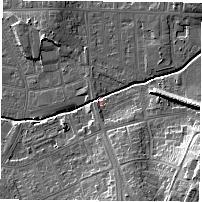 Shaded relief map of the ground around LE54LF, computed from Environment Agency LiDAR. The ground here sits at about 64 m above sea level and falls 25 m across the surrounding 800 m. Surface water reaching this point runs off ground lying to the south-east, 22.1 m higher.