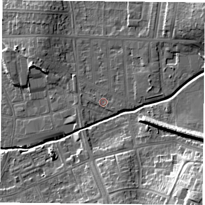 Shaded relief map of the ground around LE54LP, computed from Environment Agency LiDAR. The ground here sits at about 65 m above sea level and falls 26 m across the surrounding 800 m. Surface water reaching this point runs off ground lying to the east-south-east, 0.8 m higher.