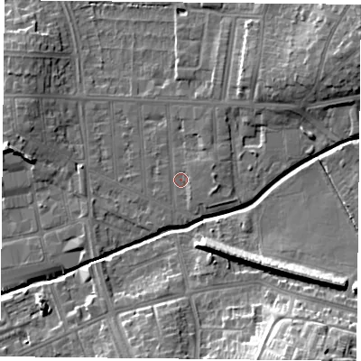 Shaded relief map of the ground around LE54NA, computed from Environment Agency LiDAR. The ground here sits at about 65 m above sea level and falls 23 m across the surrounding 800 m. Surface water reaching this point runs off ground lying to the east, 2.1 m higher.