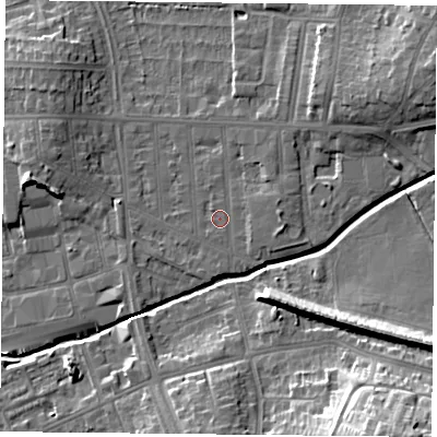 Shaded relief map of the ground around LE54NB, computed from Environment Agency LiDAR. The ground here sits at about 65 m above sea level and falls 23 m across the surrounding 800 m. Surface water reaching this point runs off ground lying to the east, 2.1 m higher.