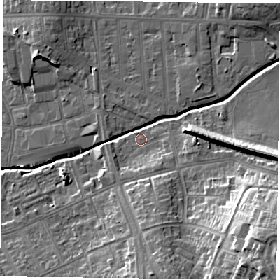 Shaded relief map of the ground around LE54NH, computed from Environment Agency LiDAR. The ground here sits at about 64 m above sea level and falls 27 m across the surrounding 800 m. Surface water reaching this point runs off ground lying to the south-east, 4.7 m higher.