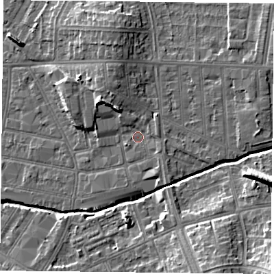 Shaded relief map of the ground around LE54NL, computed from Environment Agency LiDAR. The ground here sits at about 64 m above sea level and falls 16 m across the surrounding 800 m. Surface water reaching this point runs off ground lying to the north-north-west, 2.9 m higher.