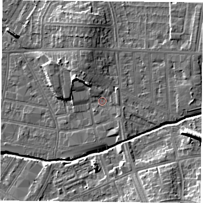 Shaded relief map of the ground around LE54NN, computed from Environment Agency LiDAR. The ground here sits at about 64 m above sea level and falls 15 m across the surrounding 800 m. Surface water reaching this point runs off ground lying to the north-north-west, 2.9 m higher.