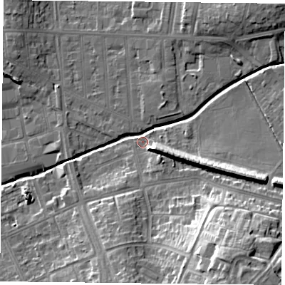 Shaded relief map of the ground around LE54NW, computed from Environment Agency LiDAR. The ground here sits at about 65 m above sea level and falls 26 m across the surrounding 800 m. Surface water reaching this point runs off ground lying to the east-south-east, 11.5 m higher.