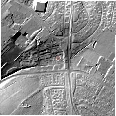 Shaded relief map of the ground around LE54NX, computed from Environment Agency LiDAR. The ground here sits at about 96 m above sea level and falls 22 m across the surrounding 800 m. Surface water reaching this point runs off ground lying to the north-north-east, 5.6 m higher.