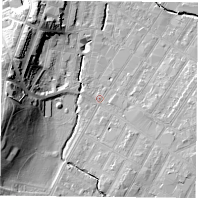Shaded relief map of the ground around LE54NY, computed from Environment Agency LiDAR. The ground here sits at about 62 m above sea level and falls 27 m across the surrounding 800 m. Surface water reaching this point runs off ground lying to the west, 25.0 m higher.