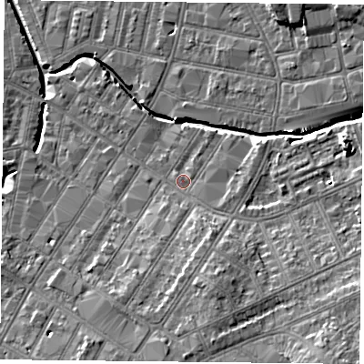 Shaded relief map of the ground around LE54PA, computed from Environment Agency LiDAR. The ground here sits at about 62 m above sea level and falls 13 m across the surrounding 800 m. Surface water reaching this point runs off ground lying to the south-south-east, 6.1 m higher.