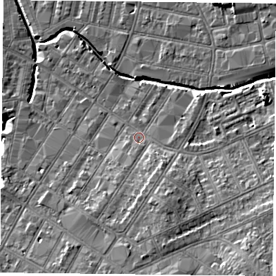 Shaded relief map of the ground around LE54PD, computed from Environment Agency LiDAR. The ground here sits at about 62 m above sea level and falls 14 m across the surrounding 800 m. Surface water reaching this point runs off ground lying to the south-south-east, 5.3 m higher.