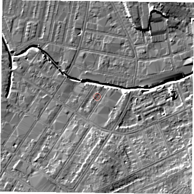 Shaded relief map of the ground around LE54PH, computed from Environment Agency LiDAR. The ground here sits at about 61 m above sea level and falls 13 m across the surrounding 800 m. Surface water reaching this point runs off ground lying to the south-south-east, 1.5 m higher.