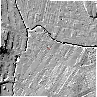 Shaded relief map of the ground around LE54QA, computed from Environment Agency LiDAR. The ground here sits at about 61 m above sea level and falls 16 m across the surrounding 800 m. Surface water reaching this point runs off ground lying to the south, 2.9 m higher.