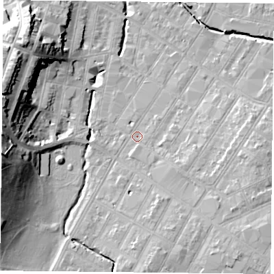 Shaded relief map of the ground around LE54QB, computed from Environment Agency LiDAR. The ground here sits at about 62 m above sea level and falls 24 m across the surrounding 800 m. Surface water reaching this point runs off ground lying to the south-east, 1.4 m higher.