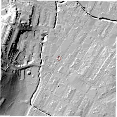 Shaded relief map of the ground around LE54QD, computed from Environment Agency LiDAR. The ground here sits at about 62 m above sea level and falls 26 m across the surrounding 800 m. Surface water reaching this point runs off ground lying to the south-east, 1.0 m higher.
