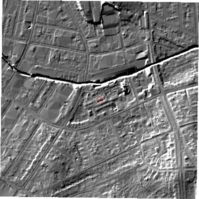 Shaded relief map of the ground around LE54QE, computed from Environment Agency LiDAR. The ground here sits at about 63 m above sea level and falls 17 m across the surrounding 800 m. Surface water reaching this point runs off ground lying to the south-south-east, 0.9 m higher.