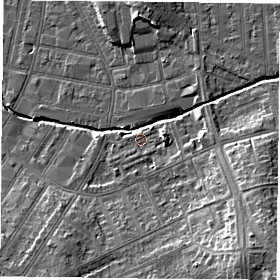 Shaded relief map of the ground around LE54QN, computed from Environment Agency LiDAR. The ground here sits at about 63 m above sea level and falls 17 m across the surrounding 800 m. Surface water reaching this point runs off ground lying to the east, 4.6 m higher.