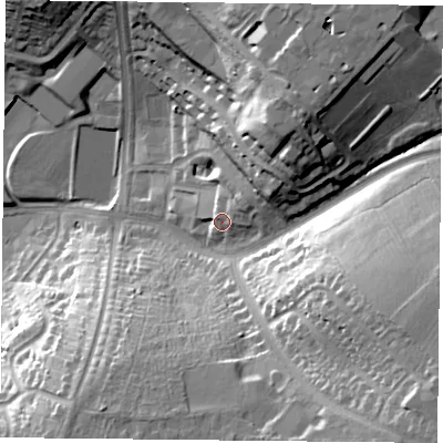 Shaded relief map of the ground around LE54WF, computed from Environment Agency LiDAR. The ground here sits at about 83 m above sea level and falls 33 m across the surrounding 800 m. Surface water reaching this point runs off ground lying to the north-north-east, 3.6 m higher.
