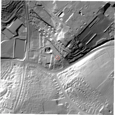 Shaded relief map of the ground around LE54WH, computed from Environment Agency LiDAR. The ground here sits at about 86 m above sea level and falls 33 m across the surrounding 800 m. Surface water reaching this point runs off ground lying to the east-north-east, 7.4 m higher.