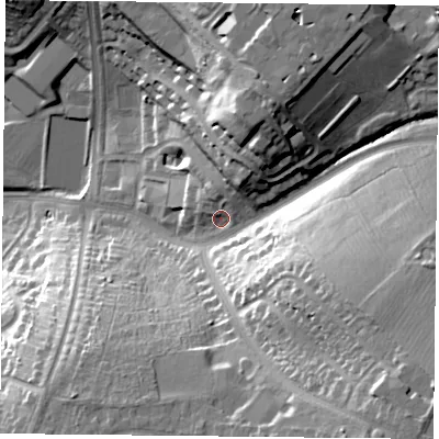 Shaded relief map of the ground around LE54WL, computed from Environment Agency LiDAR. The ground here sits at about 83 m above sea level and falls 33 m across the surrounding 800 m. Surface water reaching this point runs off ground lying to the north-north-east, 9.9 m higher.