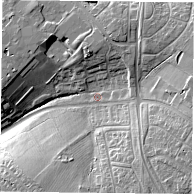 Shaded relief map of the ground around LE54WR, computed from Environment Agency LiDAR. The ground here sits at about 94 m above sea level and falls 23 m across the surrounding 800 m. Surface water reaching this point runs off ground lying to the south-east, 14.1 m higher.