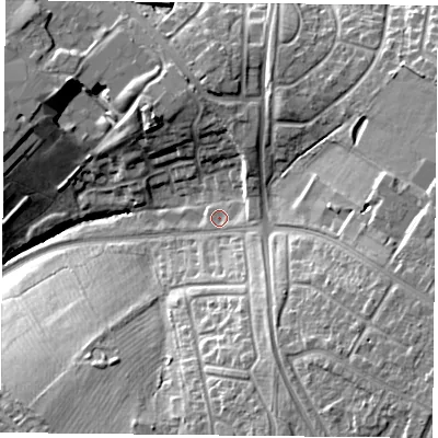 Shaded relief map of the ground around LE54WS, computed from Environment Agency LiDAR. The ground here sits at about 96 m above sea level and falls 22 m across the surrounding 800 m. Surface water reaching this point runs off ground lying to the south-east, 12.4 m higher.