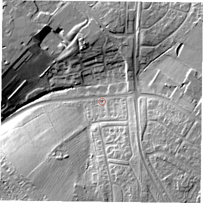 Shaded relief map of the ground around LE54WT, computed from Environment Agency LiDAR. The ground here sits at about 95 m above sea level and falls 23 m across the surrounding 800 m. Surface water reaching this point runs off ground lying to the south-east, 8.0 m higher.