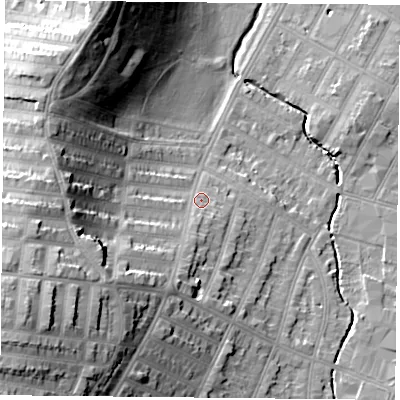 Shaded relief map of the ground around LE55AY, computed from Environment Agency LiDAR. The ground here sits at about 67 m above sea level and falls 27 m across the surrounding 800 m. Surface water reaching this point runs off ground lying to the west-south-west, 21.0 m higher.