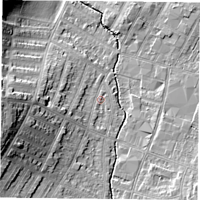 Shaded relief map of the ground around LE55BN, computed from Environment Agency LiDAR. The ground here sits at about 66 m above sea level and falls 21 m across the surrounding 800 m. Surface water reaching this point runs off ground lying to the south-south-west, 2.2 m higher.