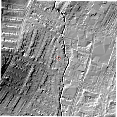 Shaded relief map of the ground around LE55BT, computed from Environment Agency LiDAR. The ground here sits at about 66 m above sea level and falls 19 m across the surrounding 800 m. Surface water reaching this point runs off ground lying to the west, 15.6 m higher.