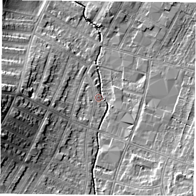 Shaded relief map of the ground around LE55BU, computed from Environment Agency LiDAR. The ground here sits at about 65 m above sea level and falls 17 m across the surrounding 800 m. Surface water reaching this point runs off ground lying to the west-south-west, 14.2 m higher.