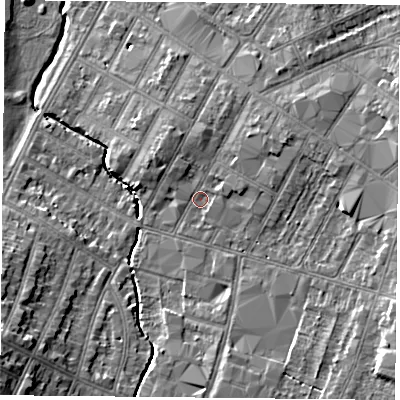 Shaded relief map of the ground around LE55DD, computed from Environment Agency LiDAR. The ground here sits at about 65 m above sea level and falls 12 m across the surrounding 800 m. Surface water reaching this point runs off ground lying to the north-east, 2.8 m higher.