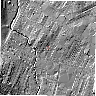 Shaded relief map of the ground around LE55DF, computed from Environment Agency LiDAR. The ground here sits at about 65 m above sea level and falls 13 m across the surrounding 800 m. Surface water reaching this point runs off ground lying to the east-north-east, 2.8 m higher.