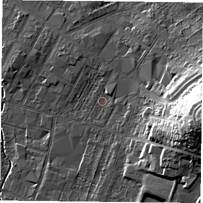 Shaded relief map of the ground around LE55DH, computed from Environment Agency LiDAR. The ground here sits at about 66 m above sea level and falls 30 m across the surrounding 800 m. Surface water reaching this point runs off ground lying to the east-north-east, 3.8 m higher.